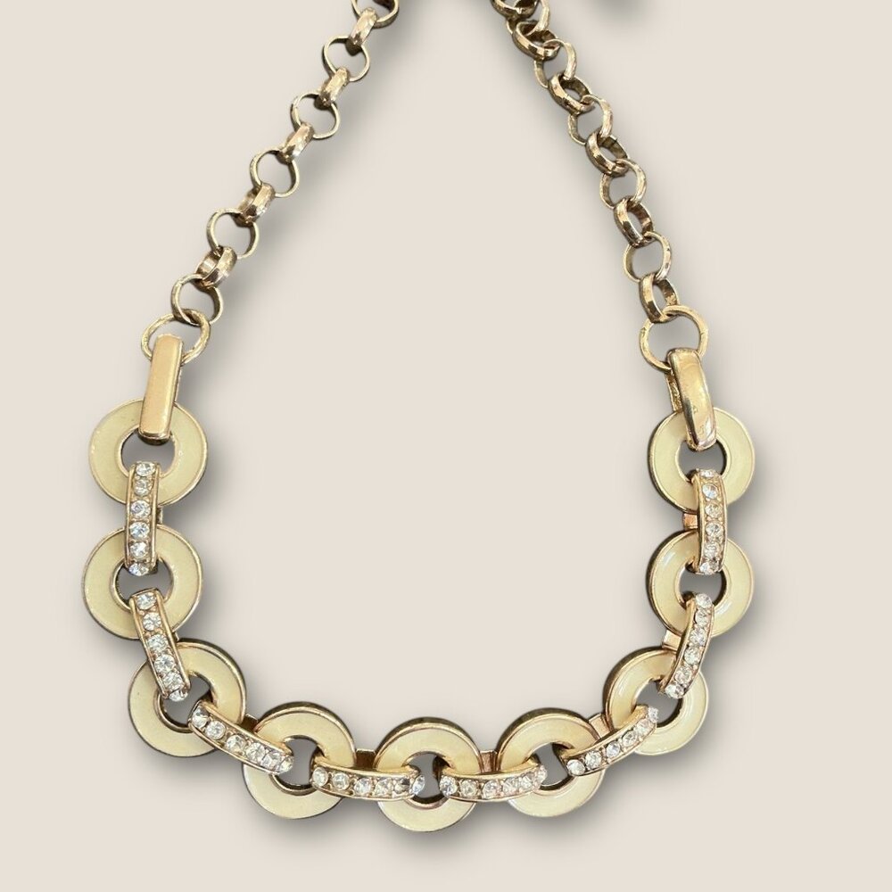 Vintage Enamel & Gold Tone Circle Necklace 17-19 Inches With Rhinestone Accents